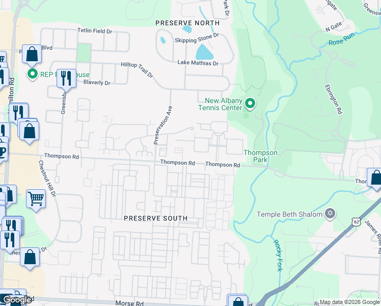 map of restaurants, bars, coffee shops, grocery stores, and more near 4105 Palmer Park Circle West in New Albany
