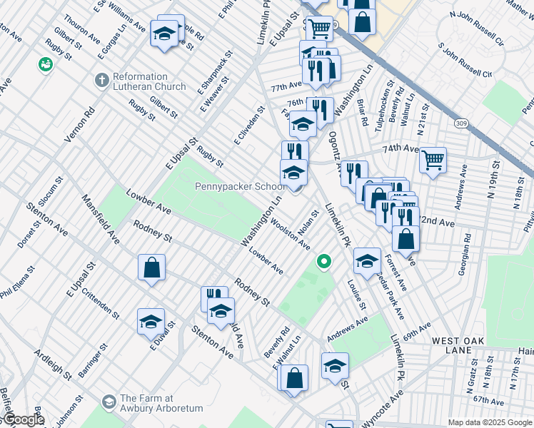 map of restaurants, bars, coffee shops, grocery stores, and more near 1800 East Washington Lane in Philadelphia