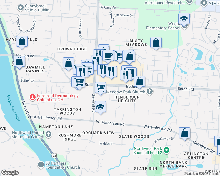 map of restaurants, bars, coffee shops, grocery stores, and more near in Columbus