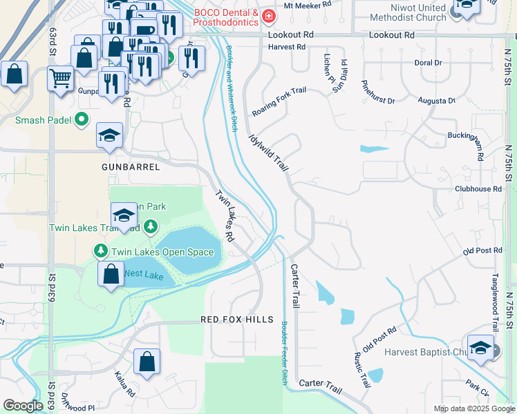 map of restaurants, bars, coffee shops, grocery stores, and more near 4948 Carter Court in Boulder