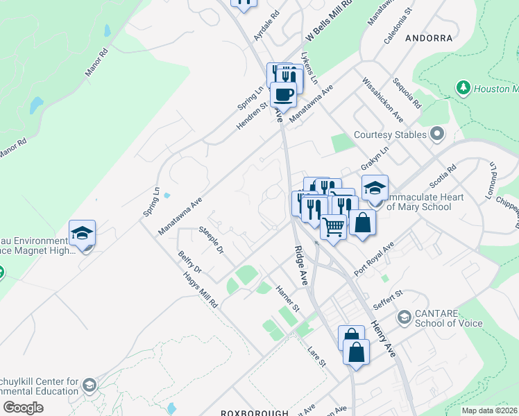 map of restaurants, bars, coffee shops, grocery stores, and more near 600 East Cathedral Road in Philadelphia