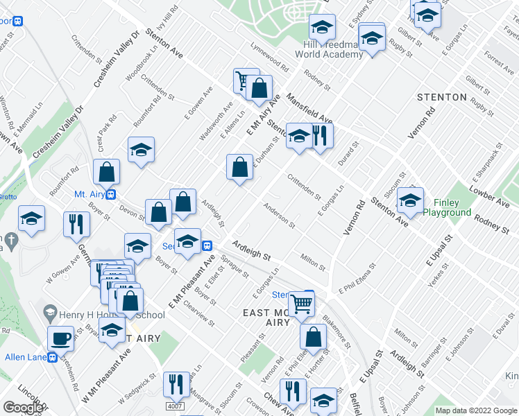 map of restaurants, bars, coffee shops, grocery stores, and more near 444 East Mount Pleasant Avenue in Philadelphia