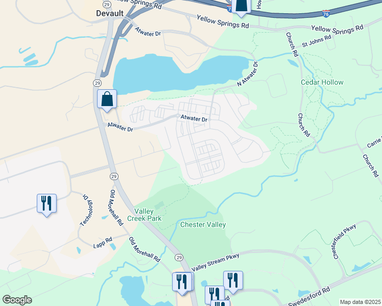 map of restaurants, bars, coffee shops, grocery stores, and more near 324 Patriots Path in Malvern