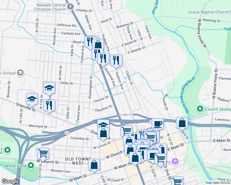 map of restaurants, bars, coffee shops, grocery stores, and more near 247 Elmwood Avenue in Newark