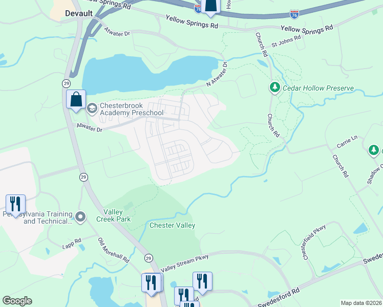 map of restaurants, bars, coffee shops, grocery stores, and more near 712 Quarry Point Road in Malvern