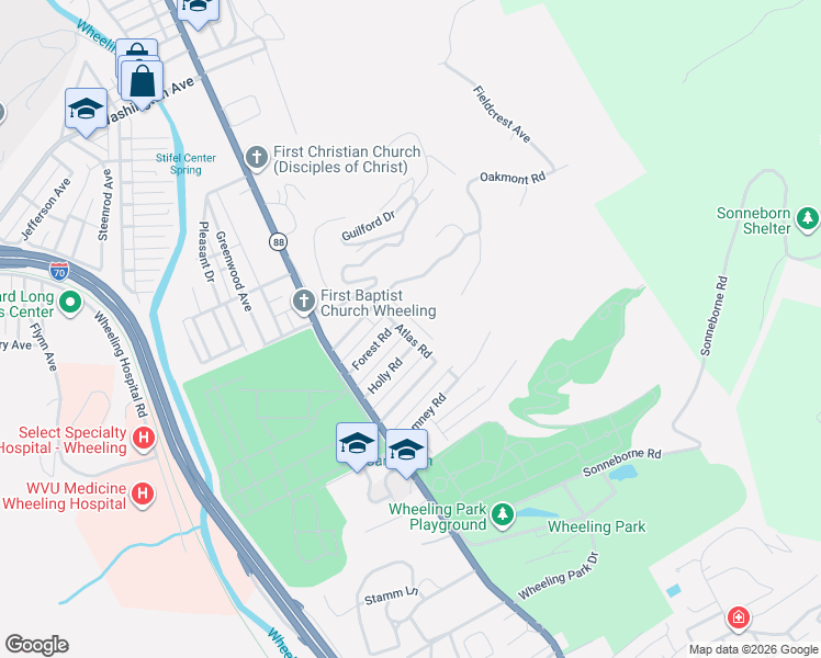 map of restaurants, bars, coffee shops, grocery stores, and more near 1509-1511 Atlas Road in Wheeling