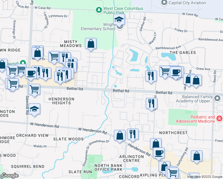 map of restaurants, bars, coffee shops, grocery stores, and more near Bethel Rd & Wood Run Blvd in Columbus
