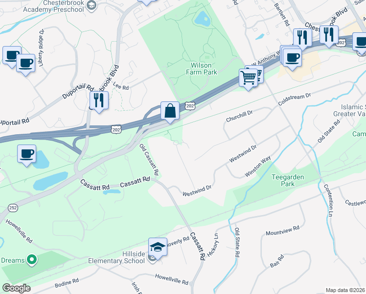map of restaurants, bars, coffee shops, grocery stores, and more near 793 Tory Hollow Road in Berwyn