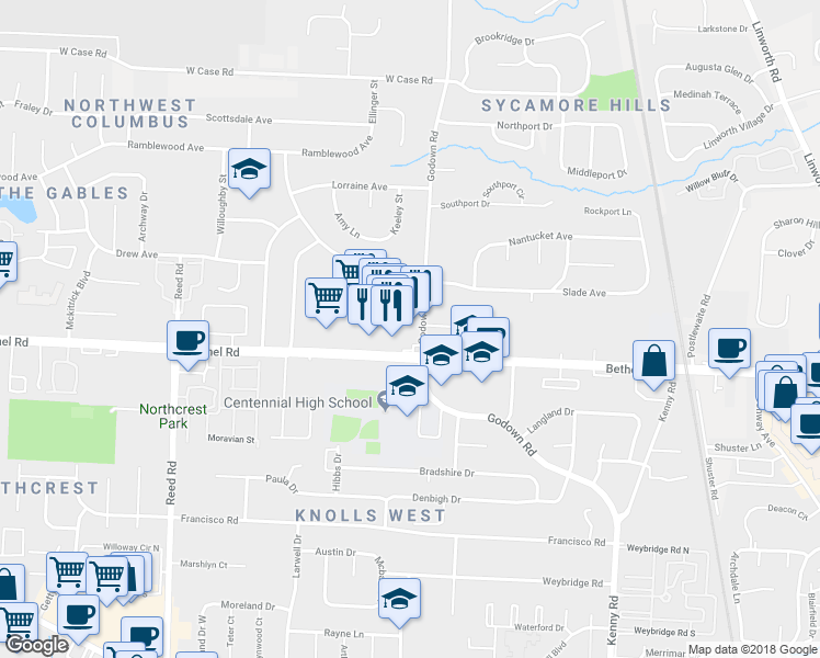 map of restaurants, bars, coffee shops, grocery stores, and more near 5215 Godown Road in Columbus