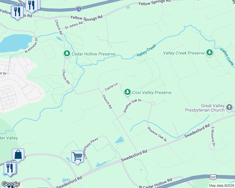 map of restaurants, bars, coffee shops, grocery stores, and more near 6 Cool Valley Road in Malvern