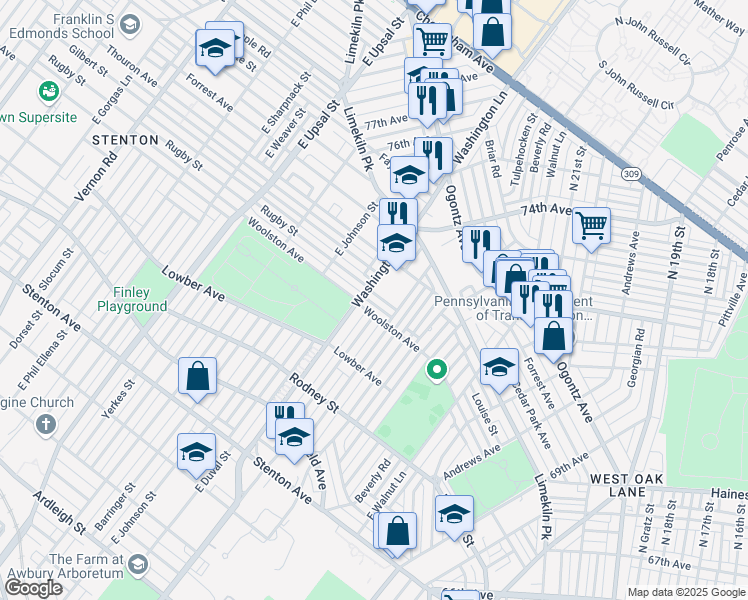 map of restaurants, bars, coffee shops, grocery stores, and more near 7382 Rugby Street in Philadelphia