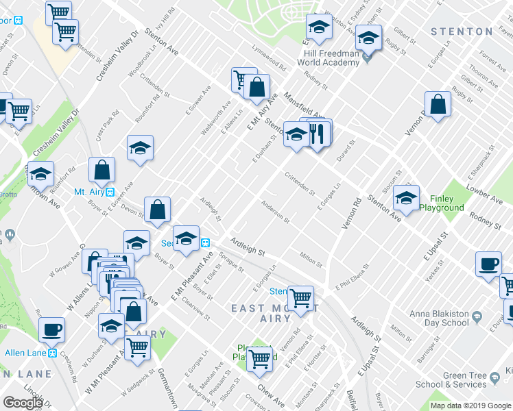 map of restaurants, bars, coffee shops, grocery stores, and more near 444 East Mount Pleasant Avenue in Philadelphia