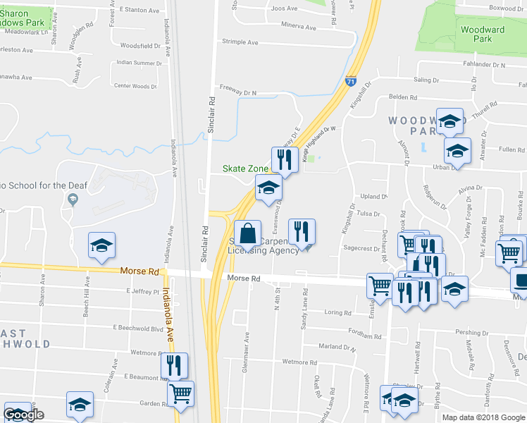 map of restaurants, bars, coffee shops, grocery stores, and more near 4807 Evanswood Drive in Columbus
