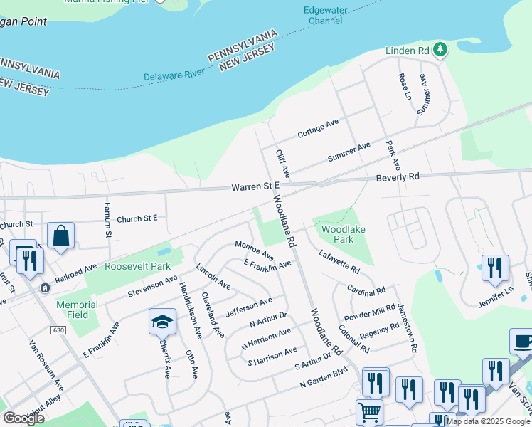 map of restaurants, bars, coffee shops, grocery stores, and more near 705 Woodlane Road in Beverly