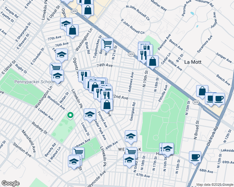 map of restaurants, bars, coffee shops, grocery stores, and more near 7209 North 20th Street in Philadelphia