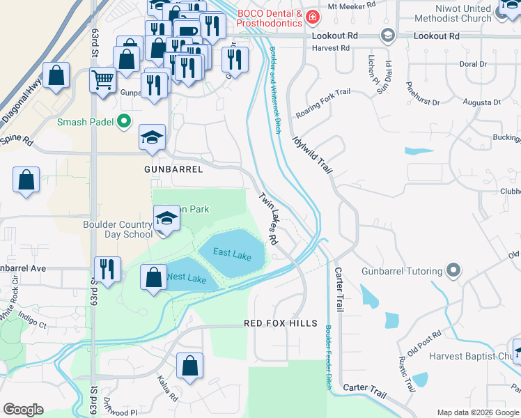 map of restaurants, bars, coffee shops, grocery stores, and more near 4955 Twin Lakes Road in Boulder