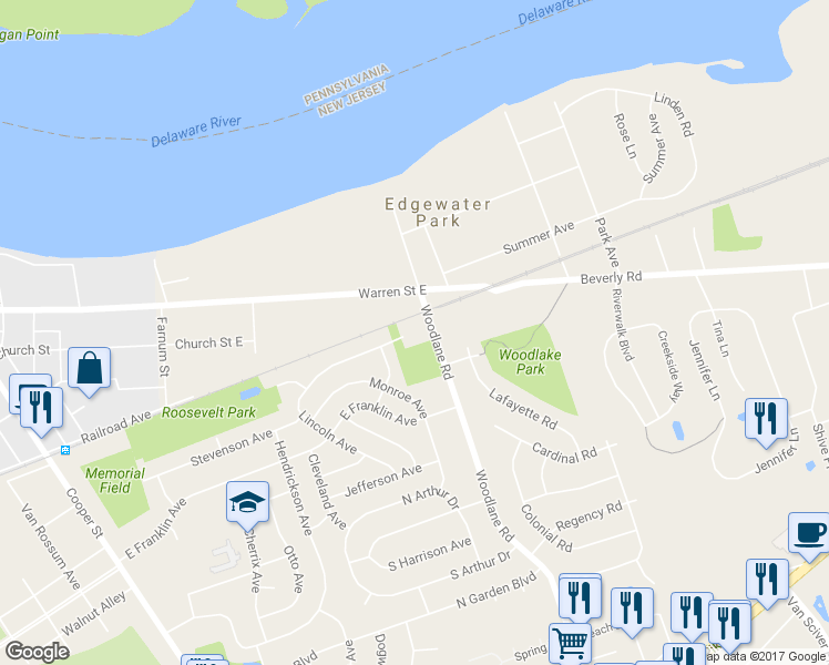 map of restaurants, bars, coffee shops, grocery stores, and more near 705 Woodlane Road in Beverly