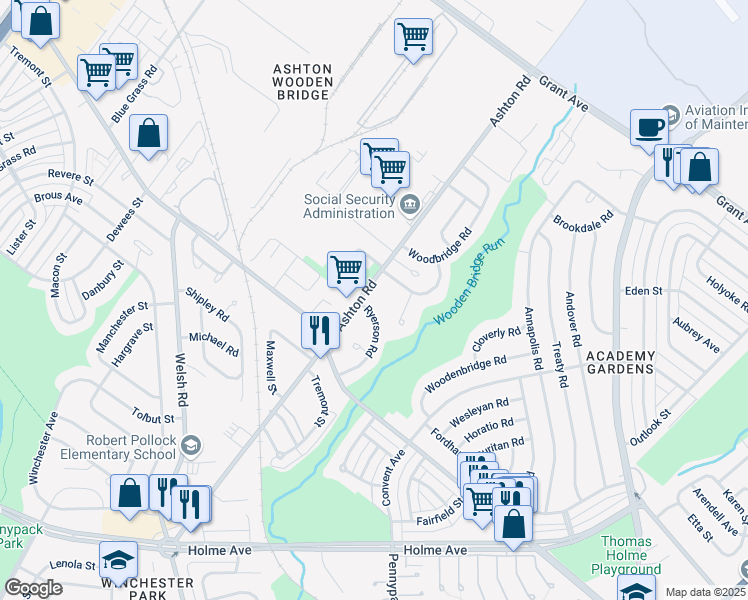 map of restaurants, bars, coffee shops, grocery stores, and more near 2808 Angus Road in Philadelphia