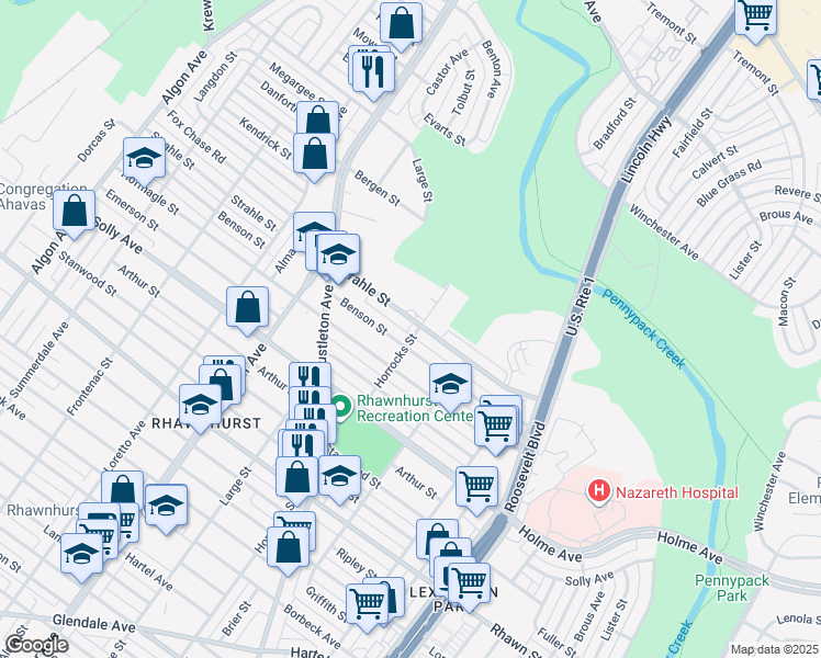 map of restaurants, bars, coffee shops, grocery stores, and more near 2164 Strahle Street in Philadelphia