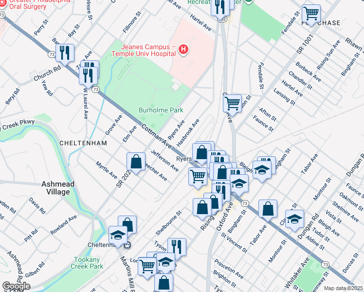 map of restaurants, bars, coffee shops, grocery stores, and more near 7305 Hasbrook Avenue in Philadelphia