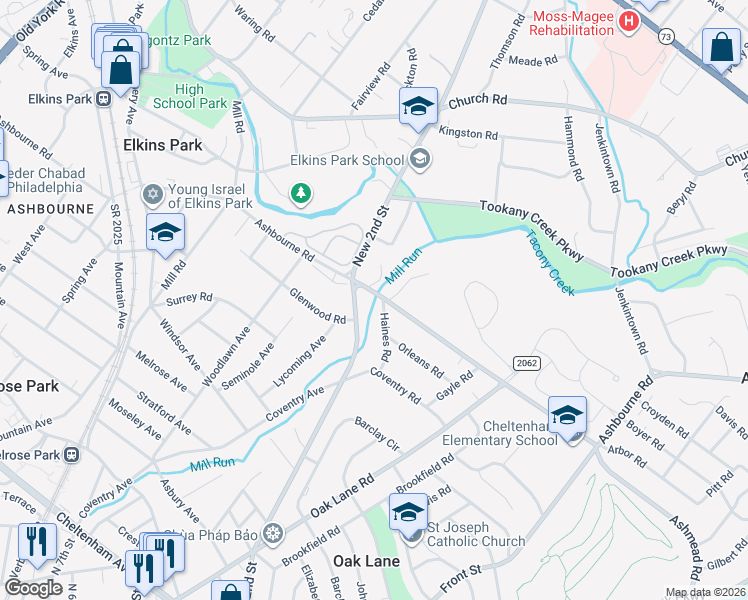 map of restaurants, bars, coffee shops, grocery stores, and more near 7823 New 2nd Street in Elkins Park