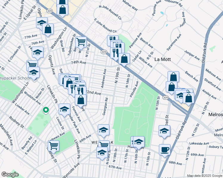 map of restaurants, bars, coffee shops, grocery stores, and more near 1907 Plymouth Street in Philadelphia