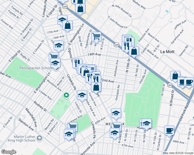 map of restaurants, bars, coffee shops, grocery stores, and more near 7224 North 20th Street in Philadelphia