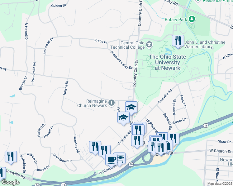 map of restaurants, bars, coffee shops, grocery stores, and more near 1420 Londondale Parkway in Newark