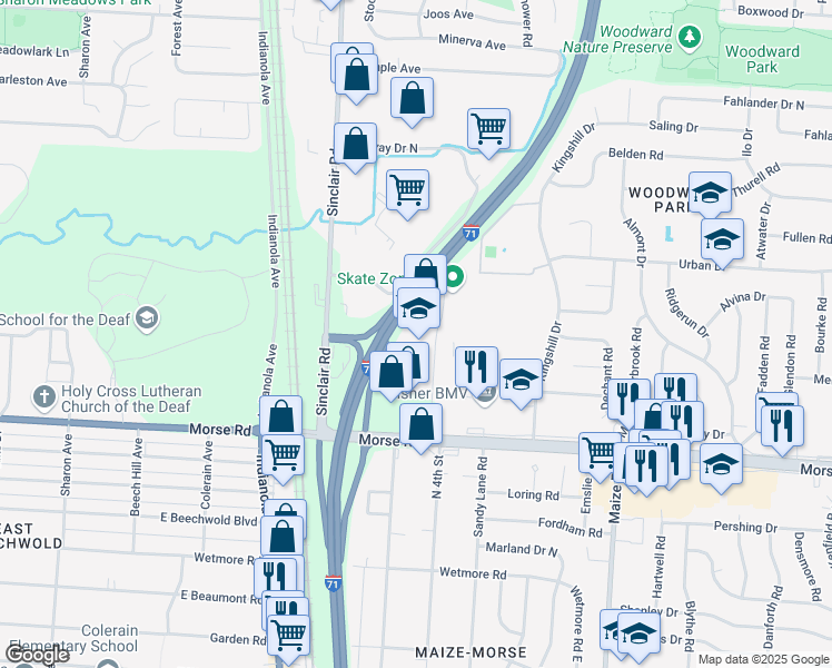 map of restaurants, bars, coffee shops, grocery stores, and more near 4849 Evanswood Drive in Columbus