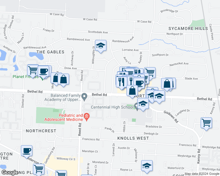 map of restaurants, bars, coffee shops, grocery stores, and more near 5270 Hollister Street in Columbus
