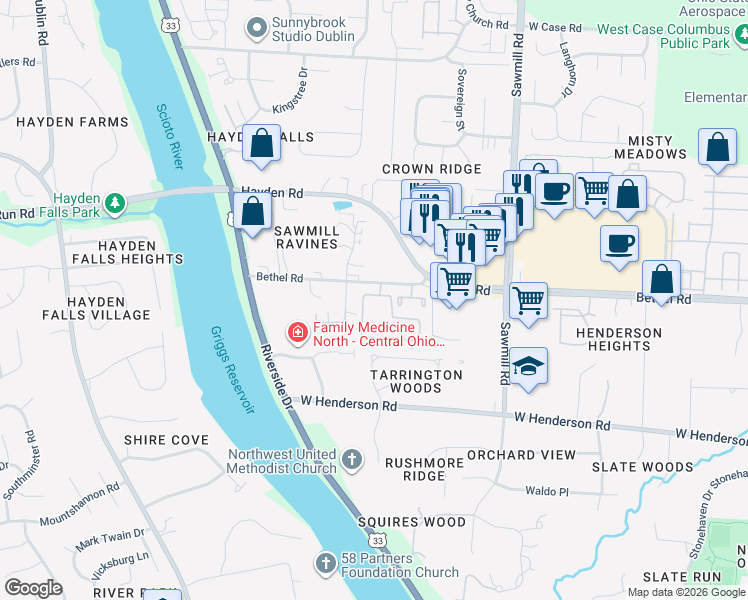 map of restaurants, bars, coffee shops, grocery stores, and more near 3053 Bethel Road in Columbus