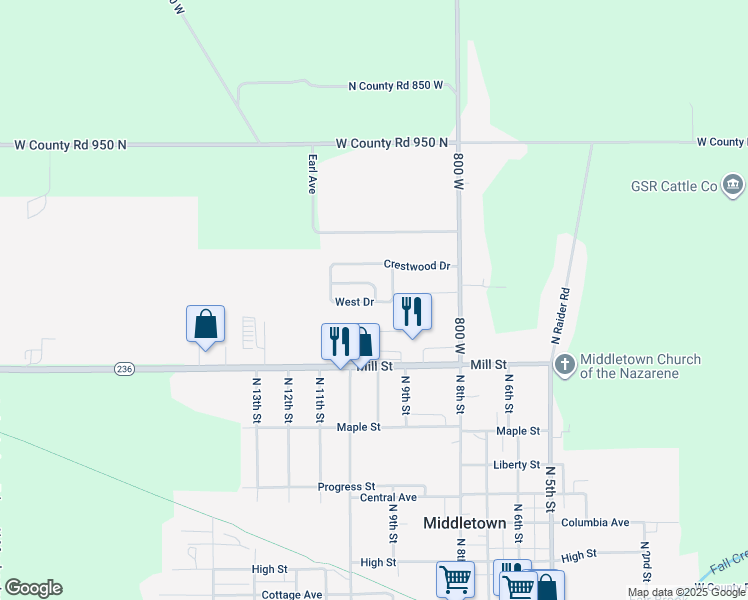map of restaurants, bars, coffee shops, grocery stores, and more near 2-98 North Drive in Middletown