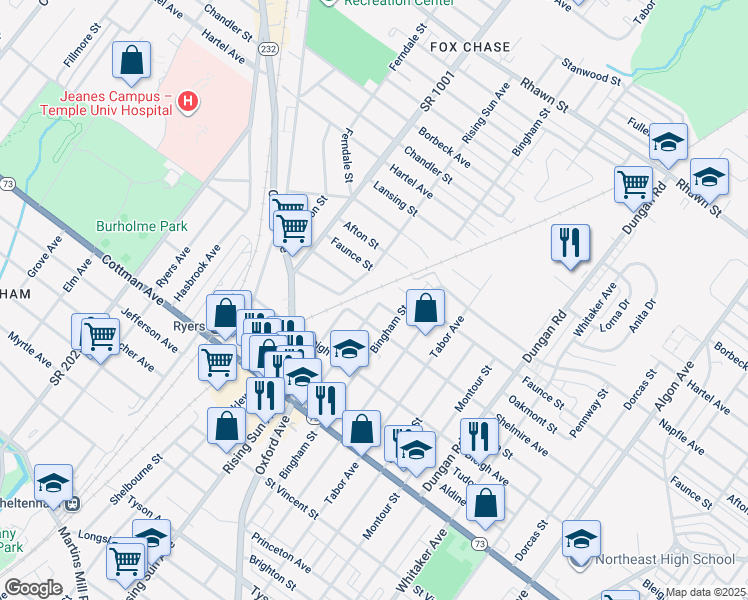 map of restaurants, bars, coffee shops, grocery stores, and more near 7520 Palmetto Street in Philadelphia