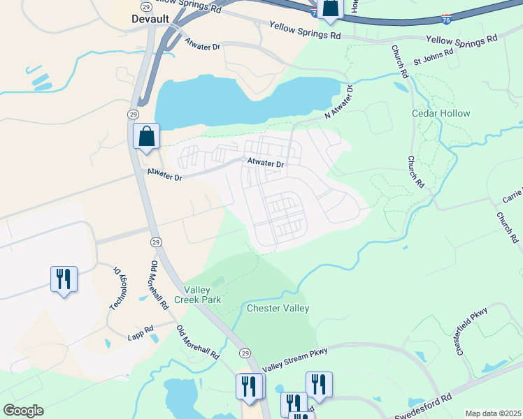 map of restaurants, bars, coffee shops, grocery stores, and more near 324 Patriots Path in Malvern