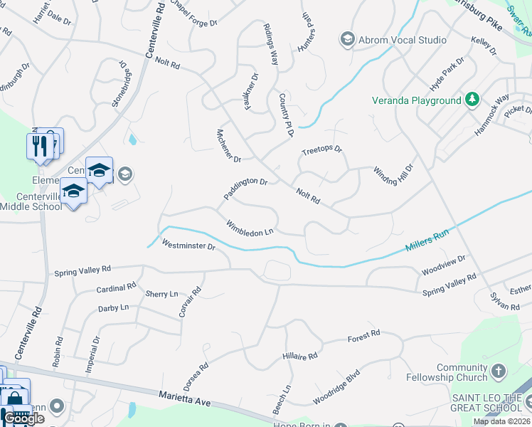 map of restaurants, bars, coffee shops, grocery stores, and more near 2818 Wimbledon Lane in Lancaster