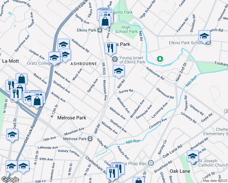 map of restaurants, bars, coffee shops, grocery stores, and more near 7609 Montgomery Avenue in Elkins Park