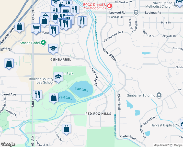 map of restaurants, bars, coffee shops, grocery stores, and more near 4955 Twin Lakes Road in Boulder
