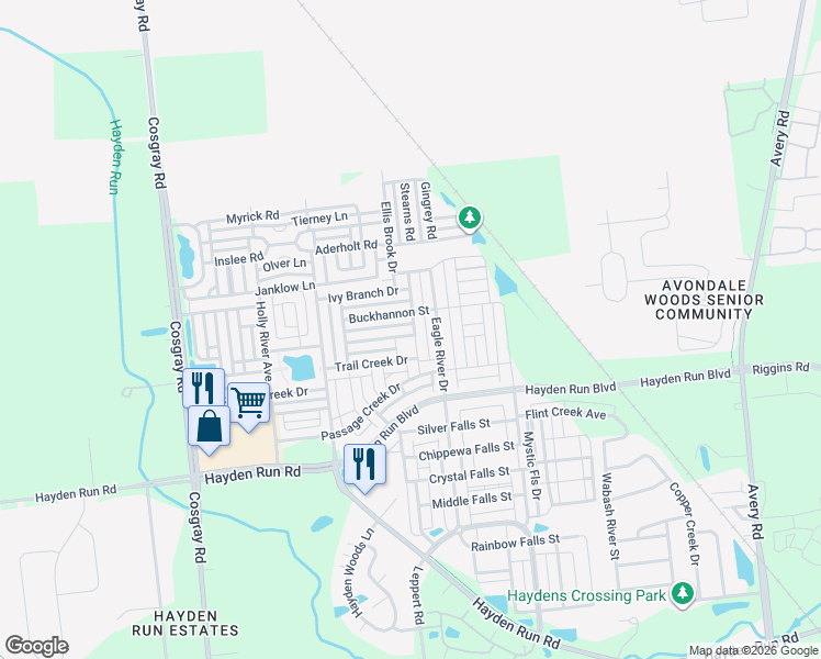 map of restaurants, bars, coffee shops, grocery stores, and more near 5556 Tygart Valley Drive in Dublin
