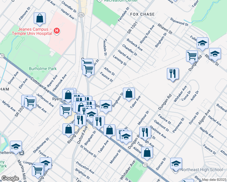 map of restaurants, bars, coffee shops, grocery stores, and more near 7520 Palmetto Street in Philadelphia