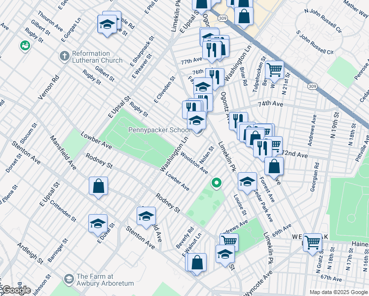 map of restaurants, bars, coffee shops, grocery stores, and more near 7386 Rugby Street in Philadelphia
