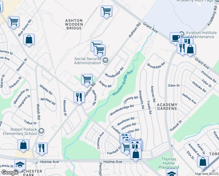 map of restaurants, bars, coffee shops, grocery stores, and more near 2842 Angus Road in Philadelphia