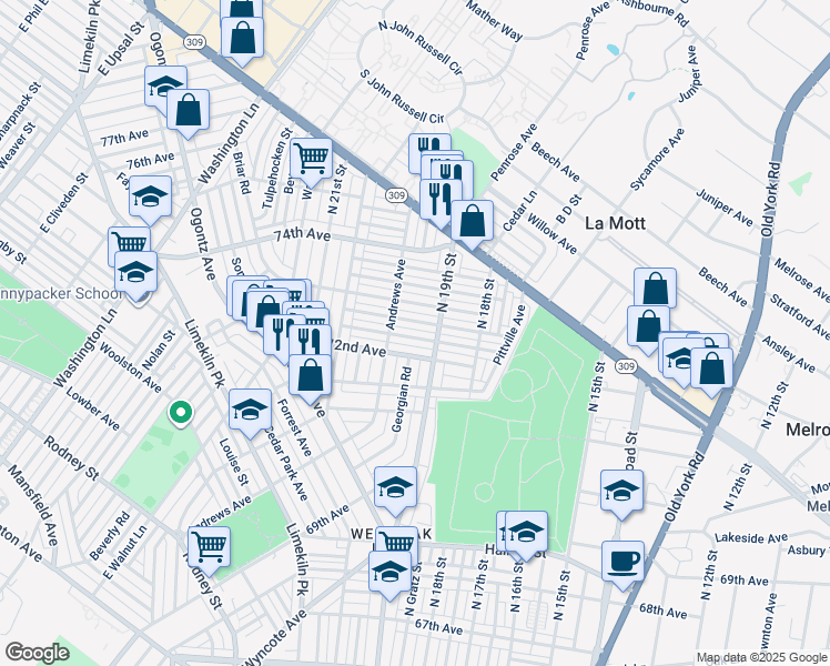 map of restaurants, bars, coffee shops, grocery stores, and more near 1921 Plymouth Street in Philadelphia