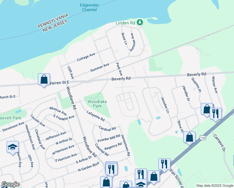 map of restaurants, bars, coffee shops, grocery stores, and more near 189 Creekside Way in Burlington Township