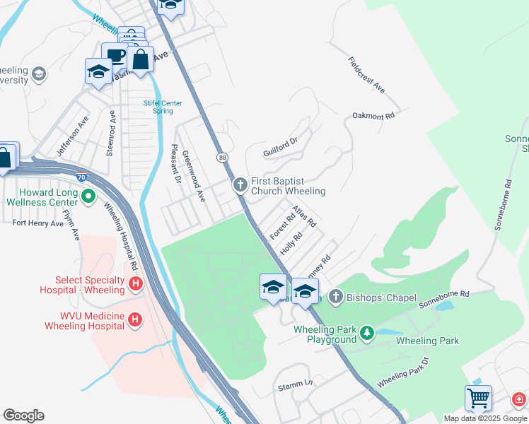map of restaurants, bars, coffee shops, grocery stores, and more near 10 Arlington Drive in Wheeling