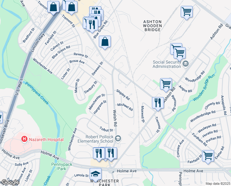 map of restaurants, bars, coffee shops, grocery stores, and more near 2805 Welsh Road in Philadelphia