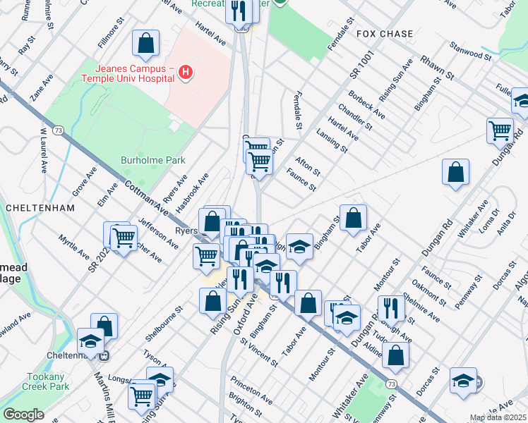 map of restaurants, bars, coffee shops, grocery stores, and more near 7425 Oxford Avenue in Philadelphia