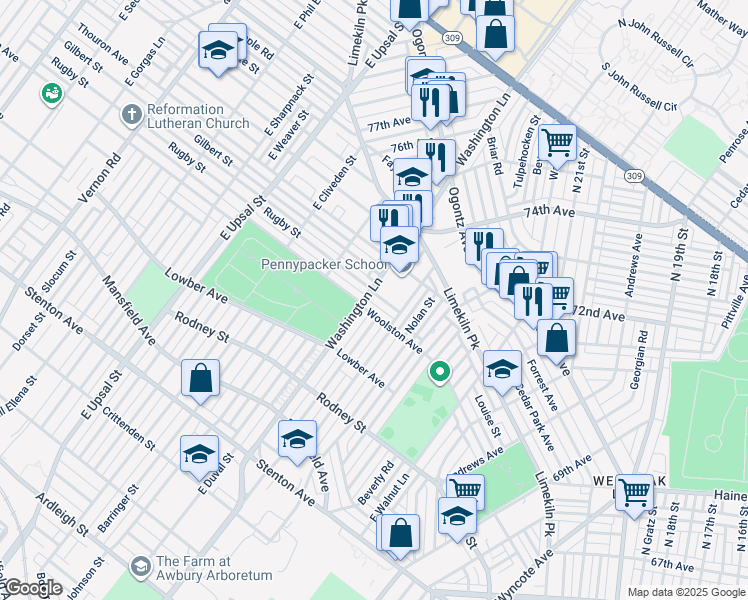 map of restaurants, bars, coffee shops, grocery stores, and more near 7388 Rugby Street in Philadelphia
