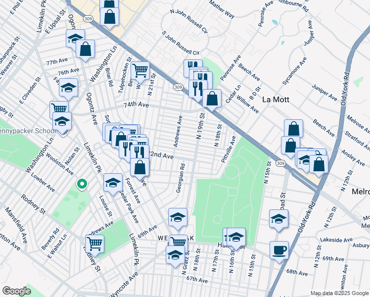 map of restaurants, bars, coffee shops, grocery stores, and more near 1927 Plymouth Street in Philadelphia