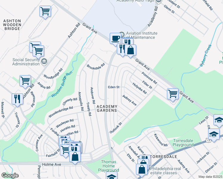 map of restaurants, bars, coffee shops, grocery stores, and more near 9354 Lansford Street in Philadelphia