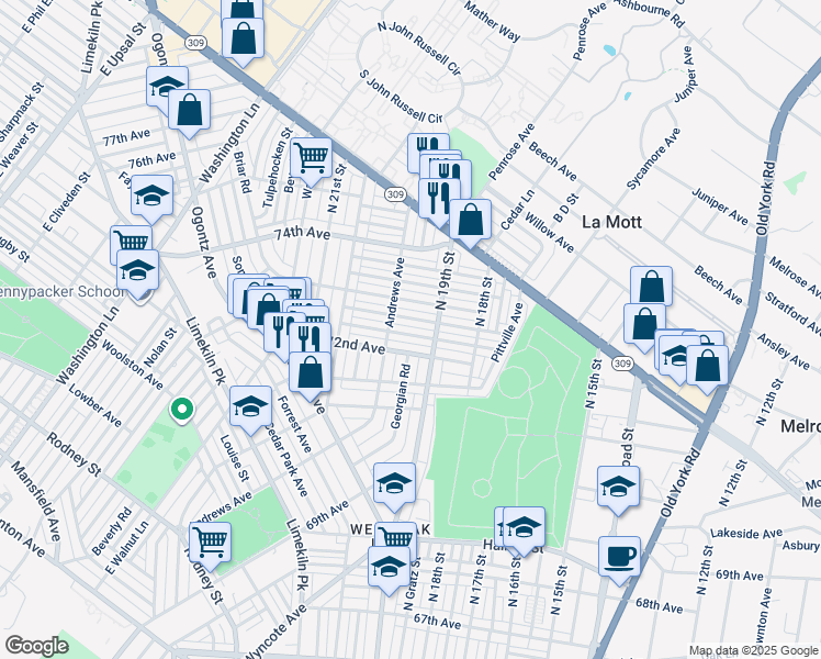 map of restaurants, bars, coffee shops, grocery stores, and more near 1927 Plymouth Street in Philadelphia